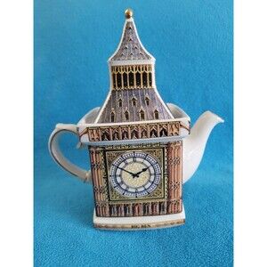 VTG James Sadler Big Ben Teapot 2 Cups UK London Gold Accents Collectible 8"